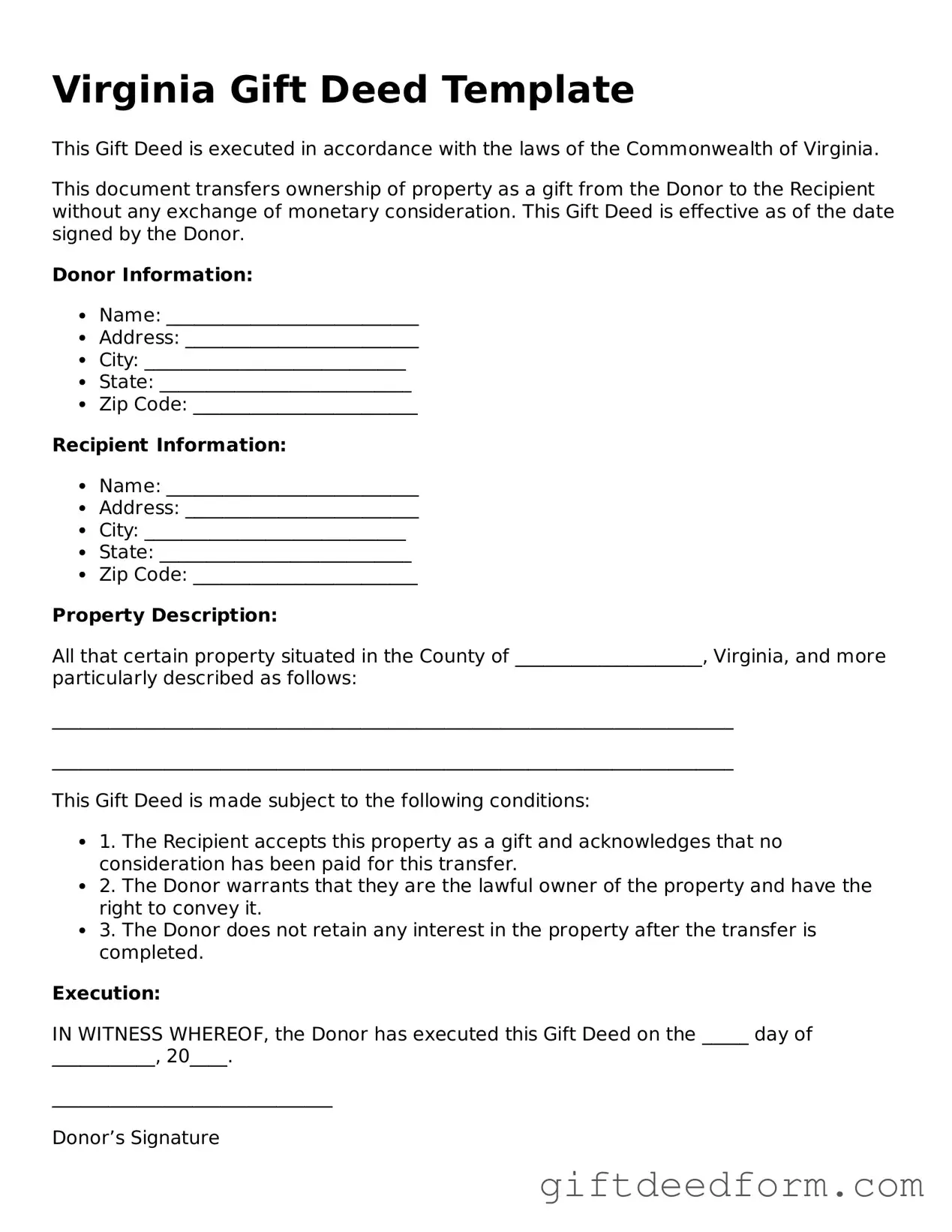 Legal Virginia Gift Deed Document